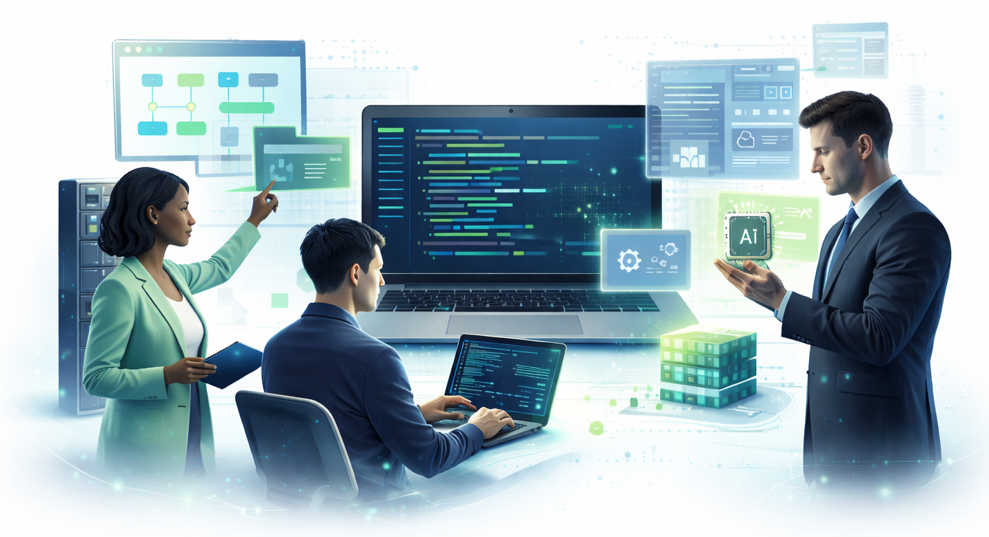 Team bei der Entwicklung maßgeschneiderter Softwarelösungen mit modernen Technologien, KI und Cloud-Architektur