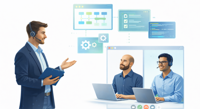 Projektmanager steuert dediziertes Offshore-Entwicklerteam online mit klaren Prozessen und transparenter Zusammenarbeit